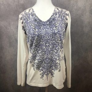 Weekends by Chico's Shirt Women 1 Medium Long Sleeve Rhinesone Floral Cotton Top